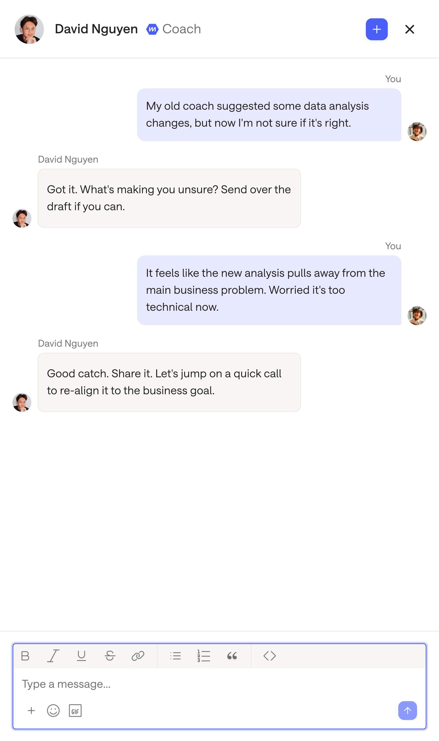 A learner's chat with their coach, David Nguyen, working through a data-analysis question.