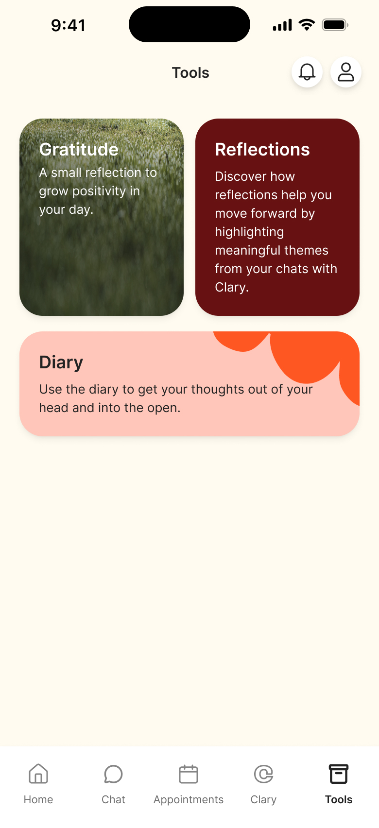 Clary inside the Unobravo app — Tools screen