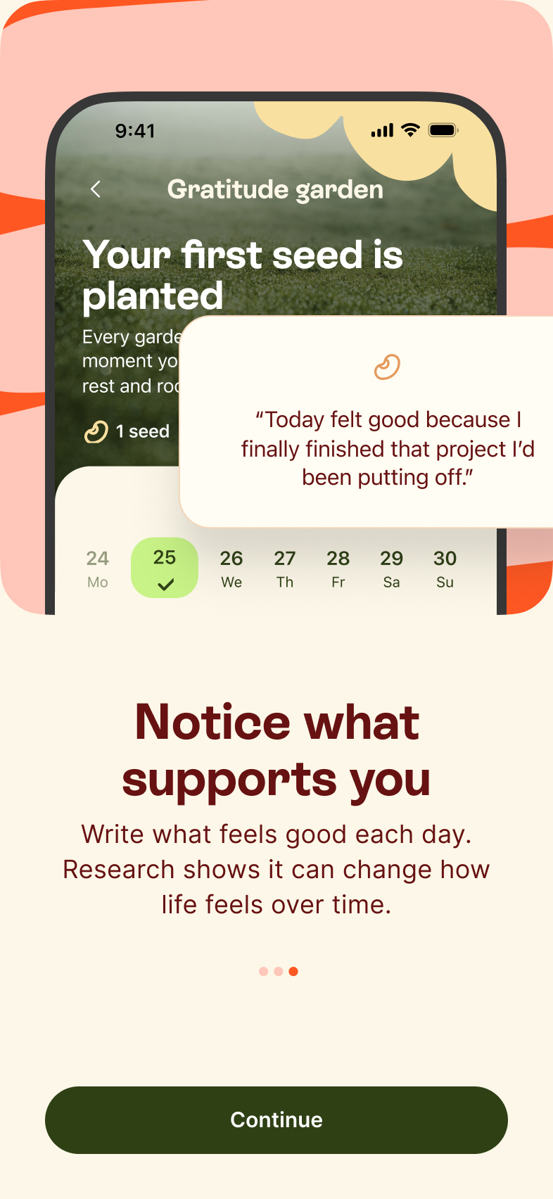 Clary gratitude-garden screen — “Notice what supports you”