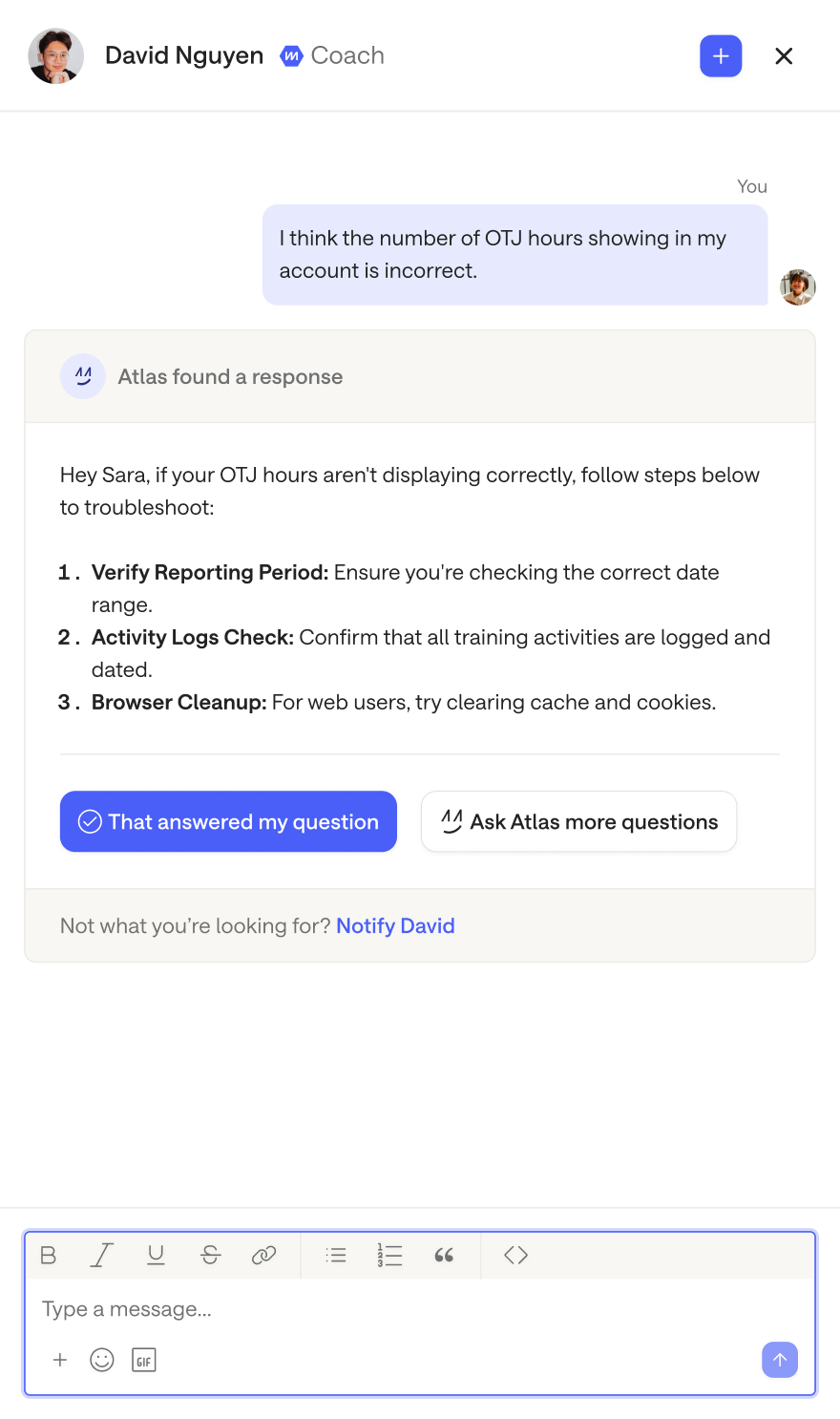 The coach chat, where Atlas hands the learner over to a coach when a question needs more than information.
