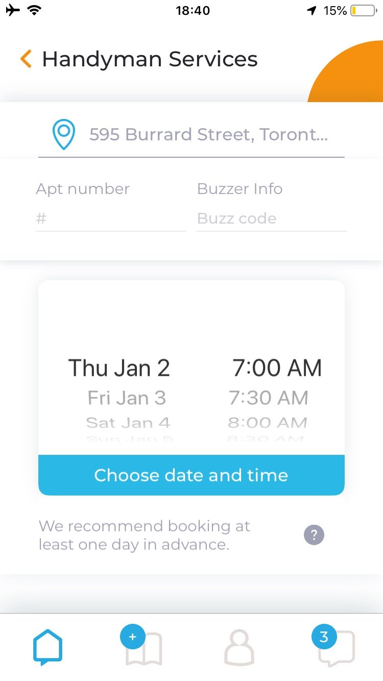Before — Handyman Services booking screen with inconsistent styling.