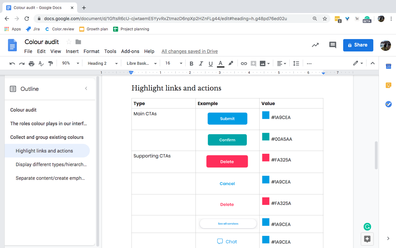 A style inventory of links and buttons captured in a Google Doc.
