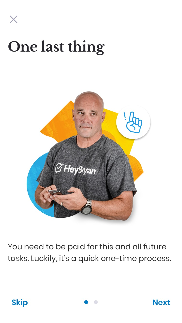 Redesigned onboarding screen — experts can skip payment for now.