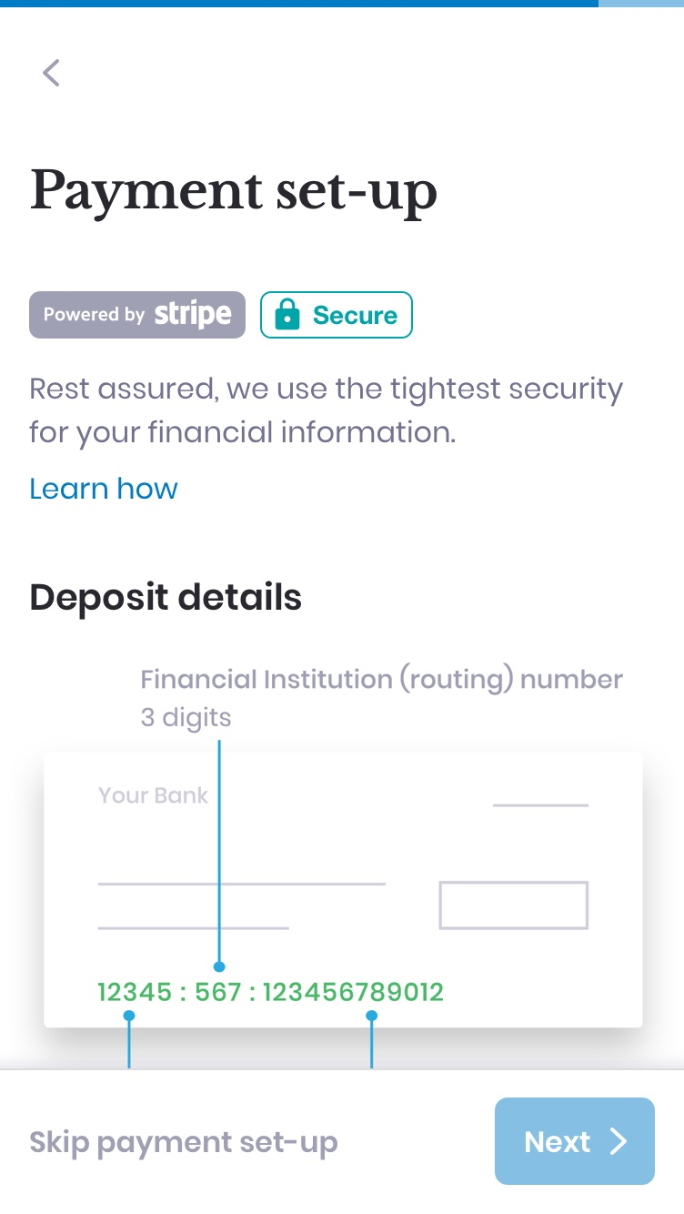 Redesigned onboarding screen — clarifying how and when payment is used.