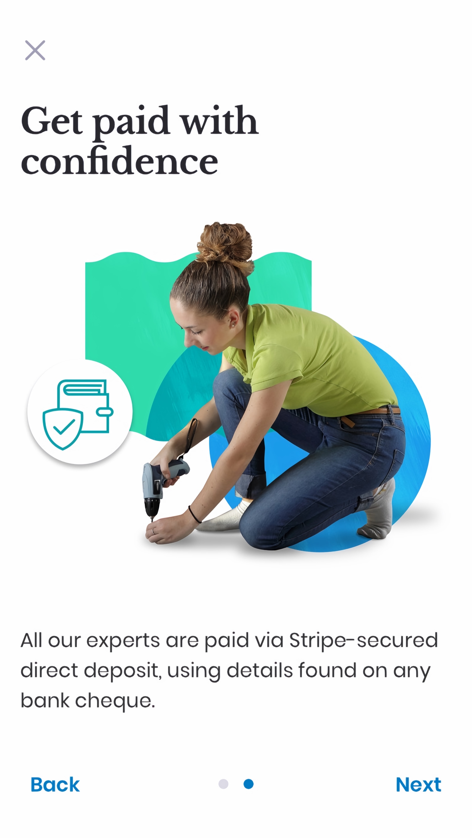 HeyBryan onboarding — “Get paid with confidence”, explaining Stripe-secured deposits.