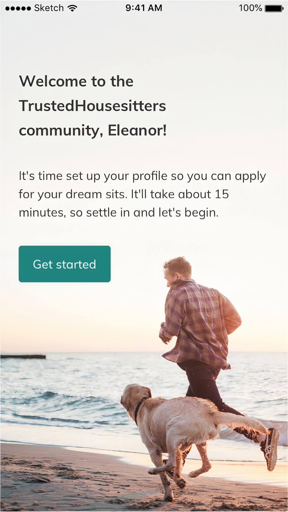 Onboarding welcome screen — “Welcome to the TrustedHousesitters community.”