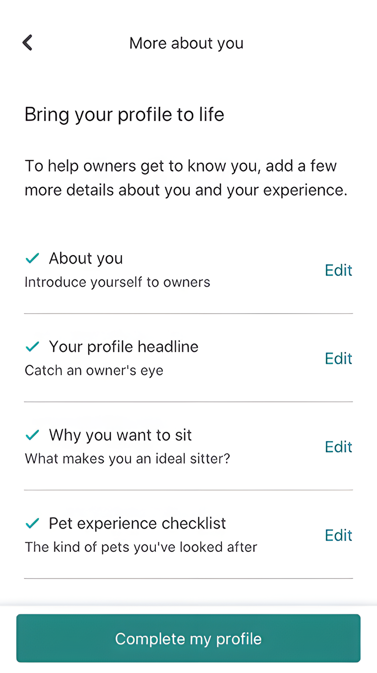 Final onboarding screen — ‘Bring your profile to life’ checklist with completed steps (about you, headline, why you want to sit, pet experience) each marked done.