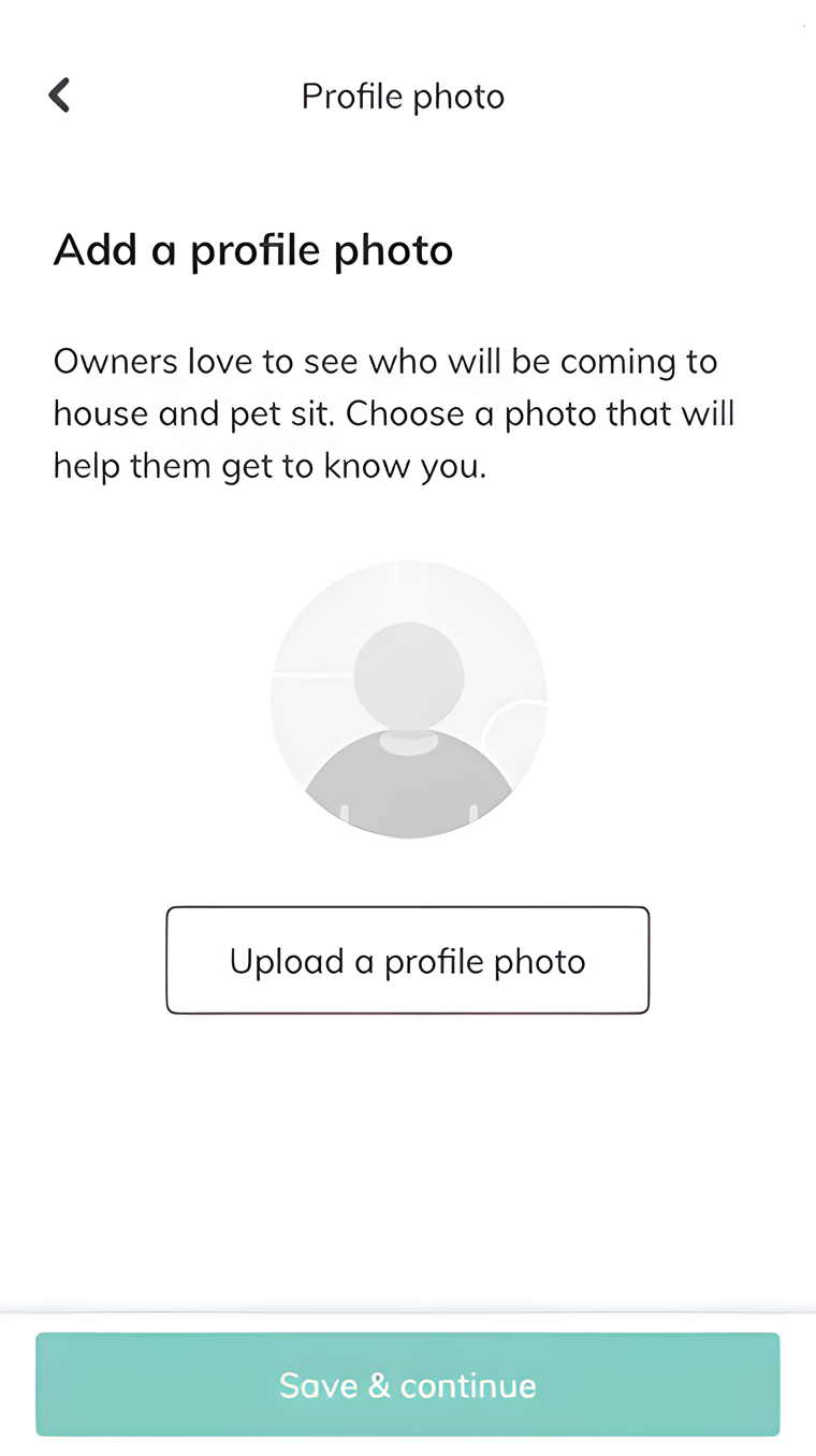 Final onboarding screen — ‘Add a profile photo’ step, prompting sitters to upload a photo so owners can get to know them.