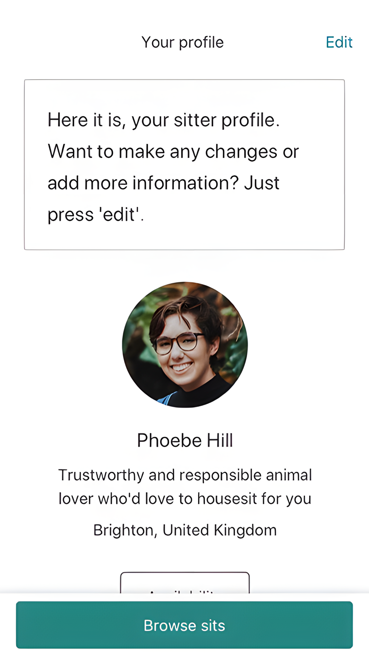Final onboarding screen — the completed sitter profile preview for Phoebe Hill, with photo, headline, and location ready to browse sits.